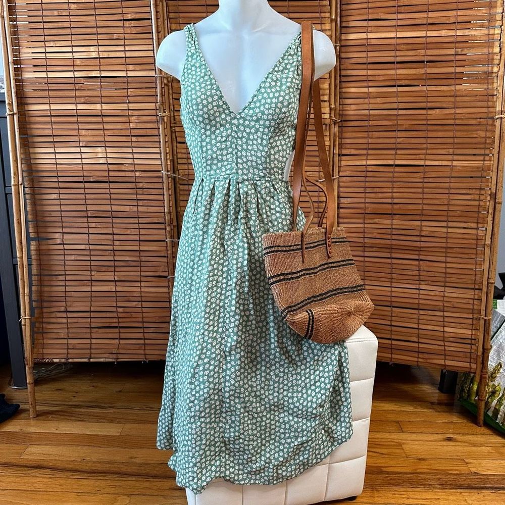 Reformation Womens Ditsy Floral V Neck Cut Out Midi Dress Green White Sz 2 (z20)